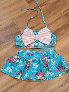 Ruffle Butts NWOT Fancy Me Floral Turquoise Two-Piece Bikini Seeksucker Bow 4T